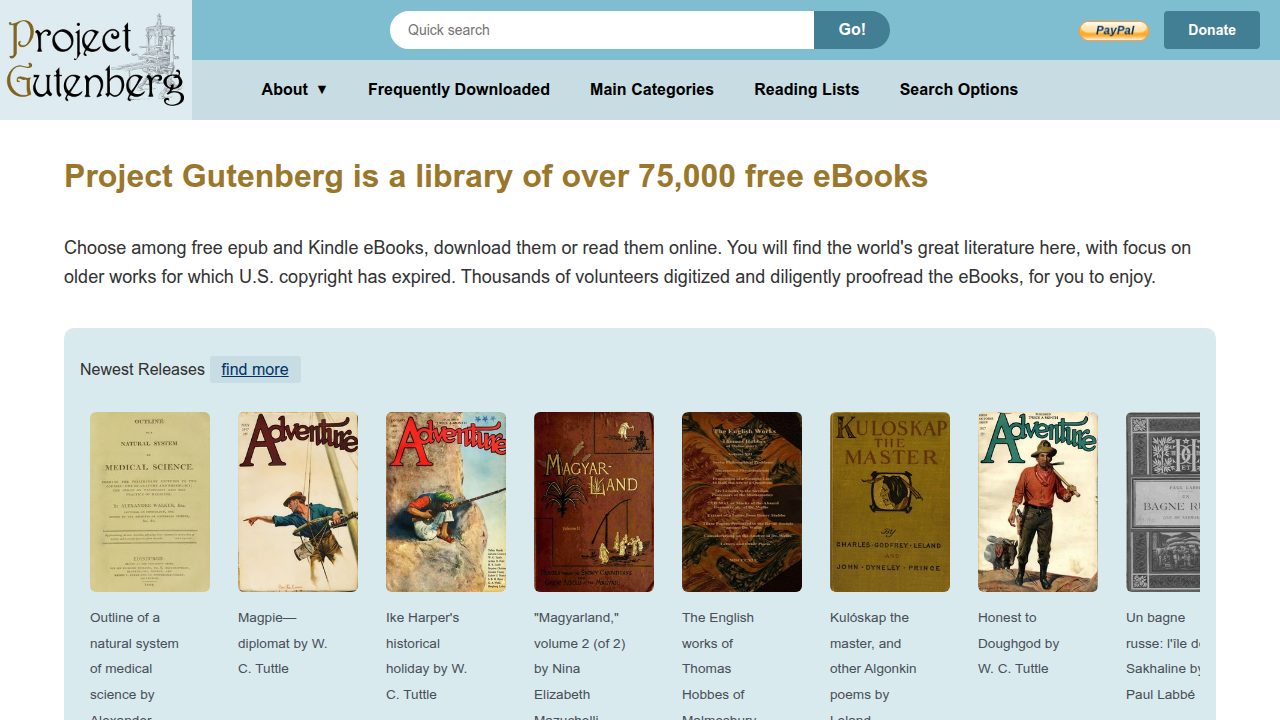 A screenshot of the Project Gutenberg website, showcasing its simple interface for accessing free classic literature.