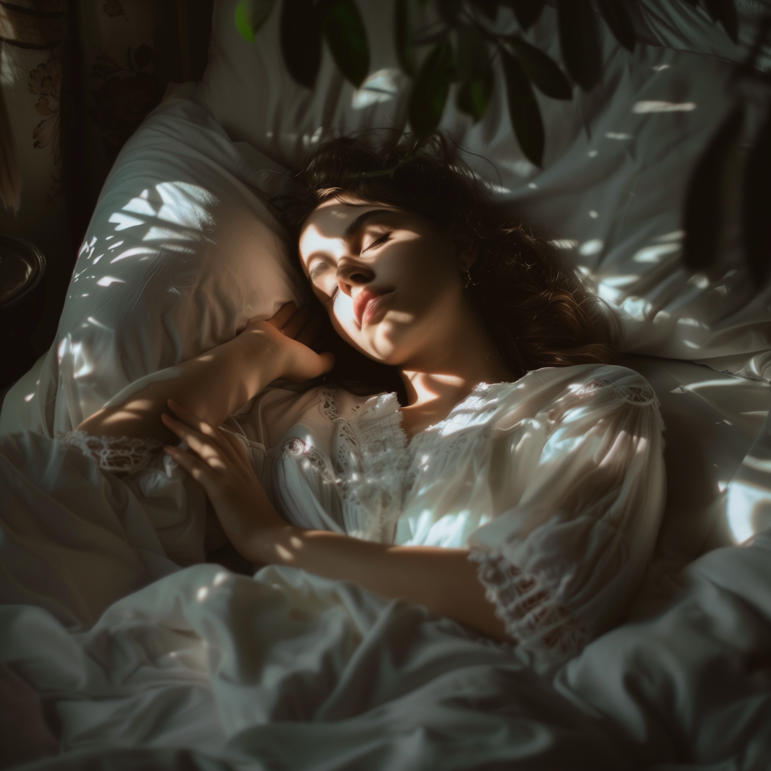 A woman sits up in bed, looking startled and deeply affected by a vivid dream, illustrating Dannie's pivotal experience.