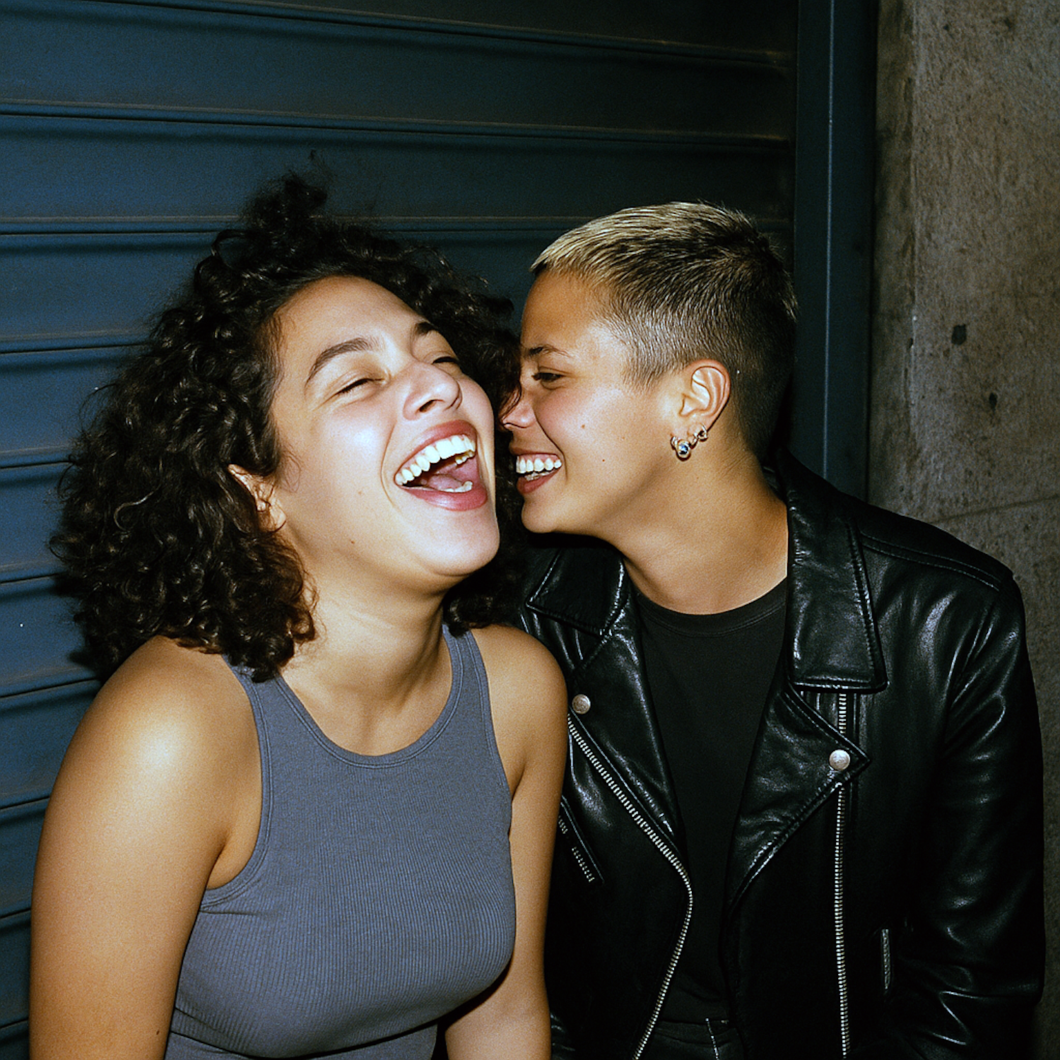 Two women share a genuine moment of laughter and connection, symbolizing the deep and central friendship between Dannie and Bella.