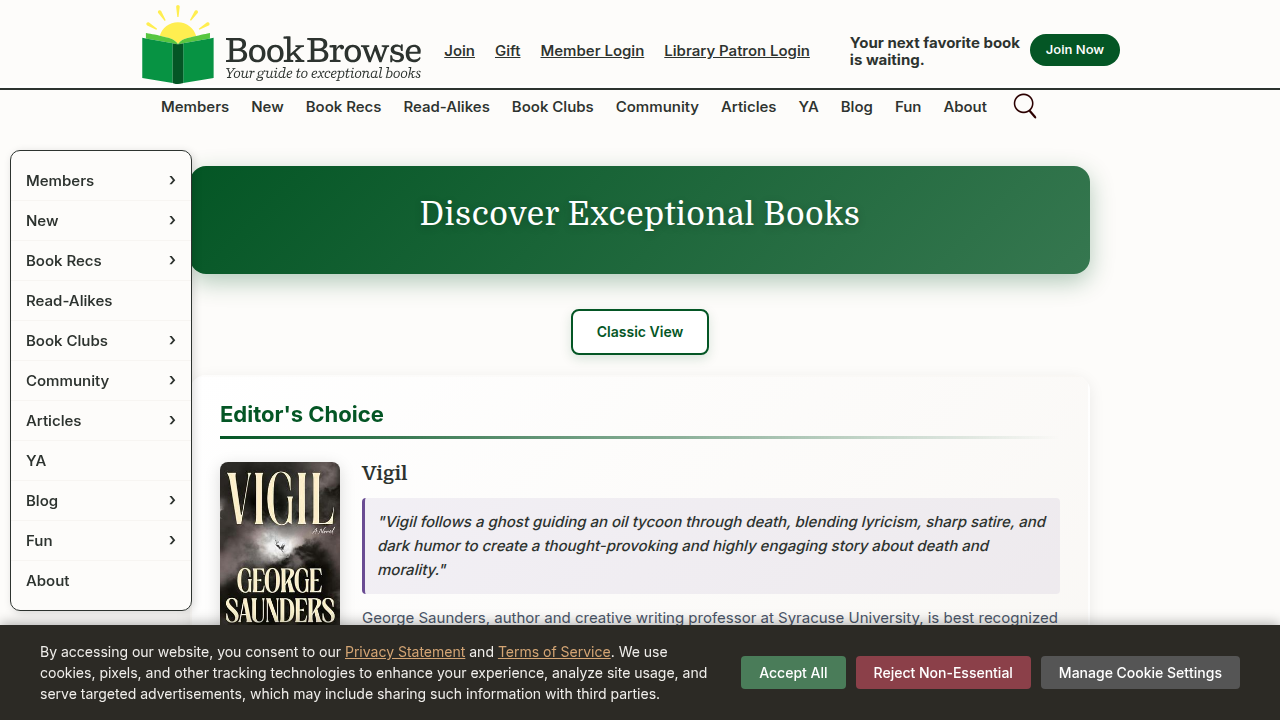 A screenshot of the BookBrowse homepage, a resource for book reviews and literary information, relevant to discovering new reads.