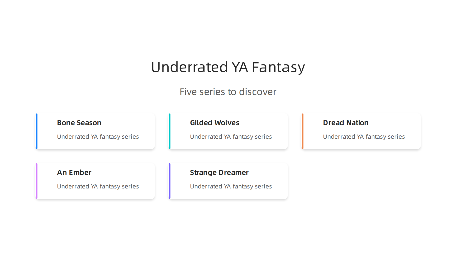 A graphic highlighting five underrated YA fantasy series from 2026, offering brief descriptions for readers seeking new adventures beyond popular titles.