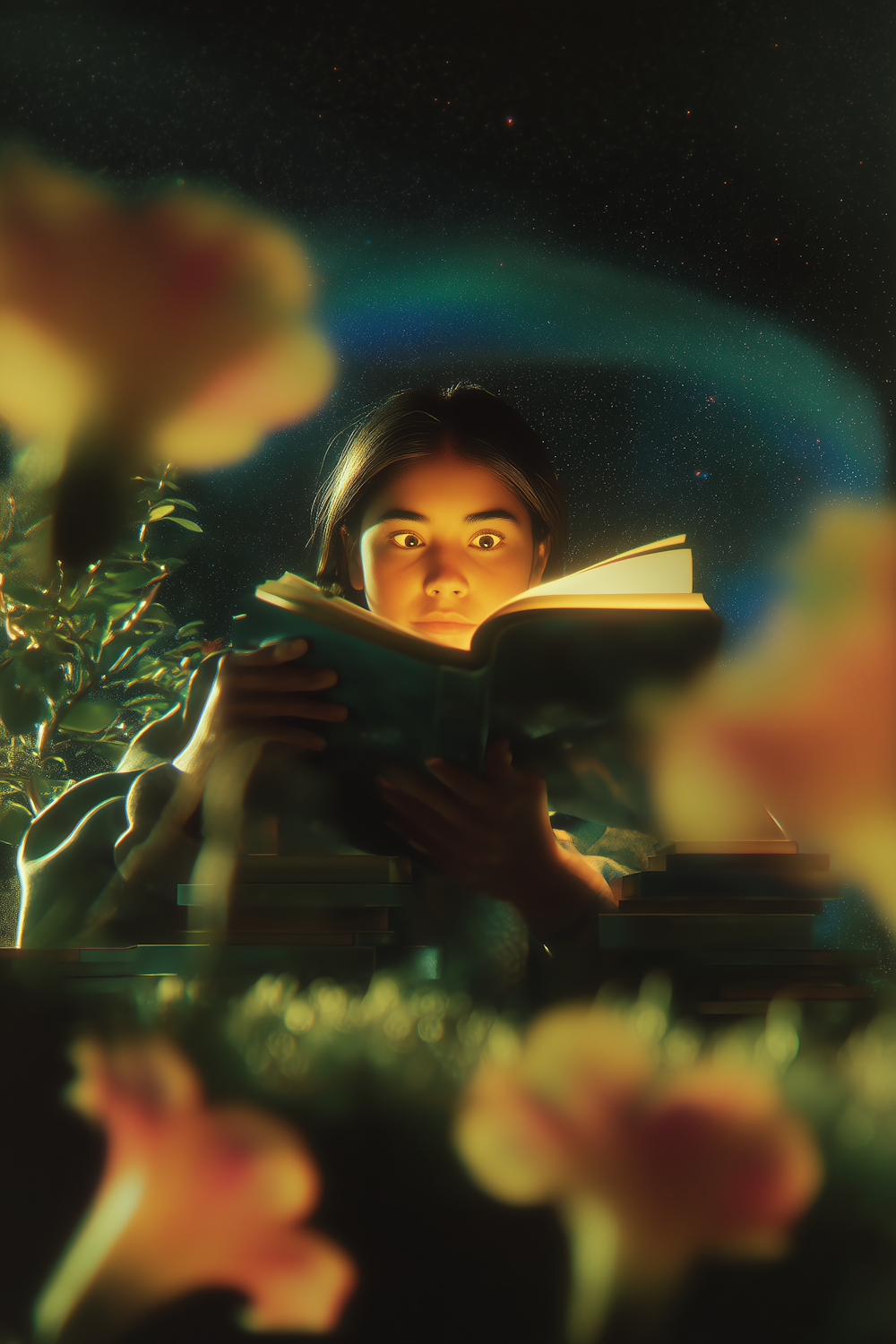 A young reader engrossed in a fantasy novel, symbolizing the gateway into imaginative worlds like Percy Jackson for teens and high school students.
