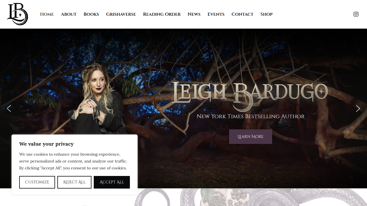 The official website homepage of author Leigh Bardugo, creator of the Grishaverse, a popular series known for its diverse characters and rich world-building.