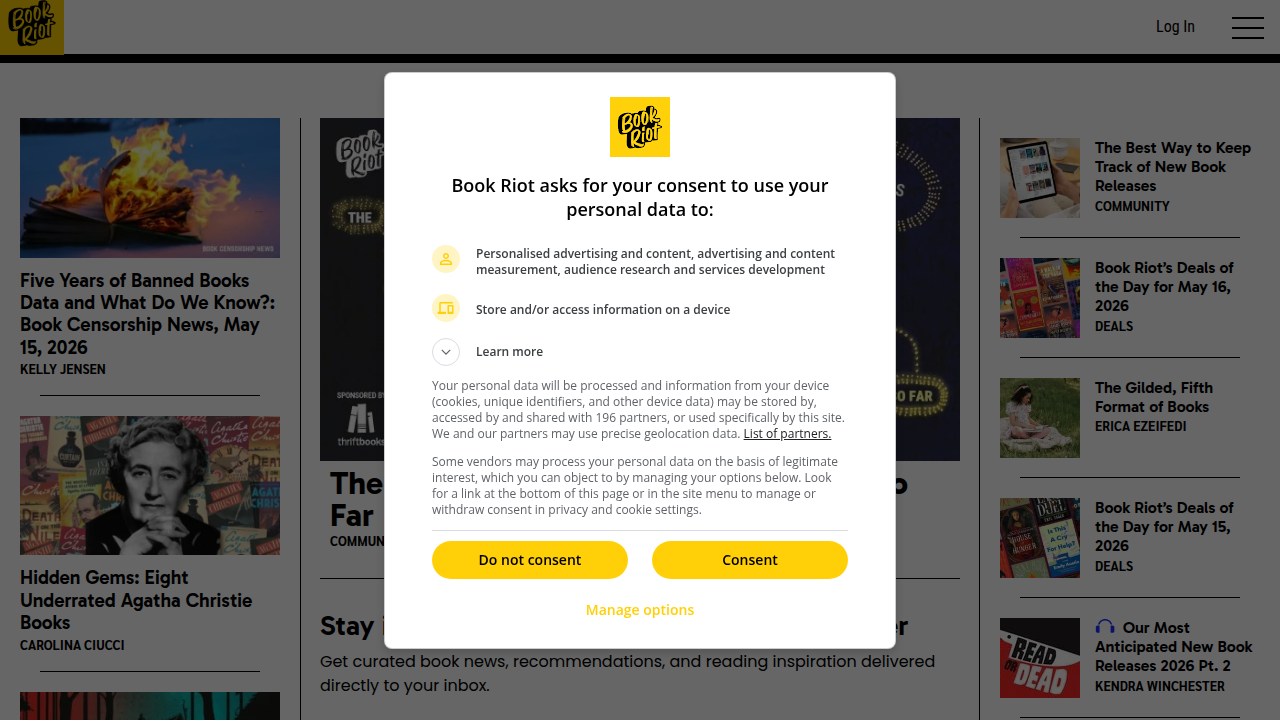 The homepage of Book Riot, a popular online literary site known for covering book news, recommendations, and adaptations.