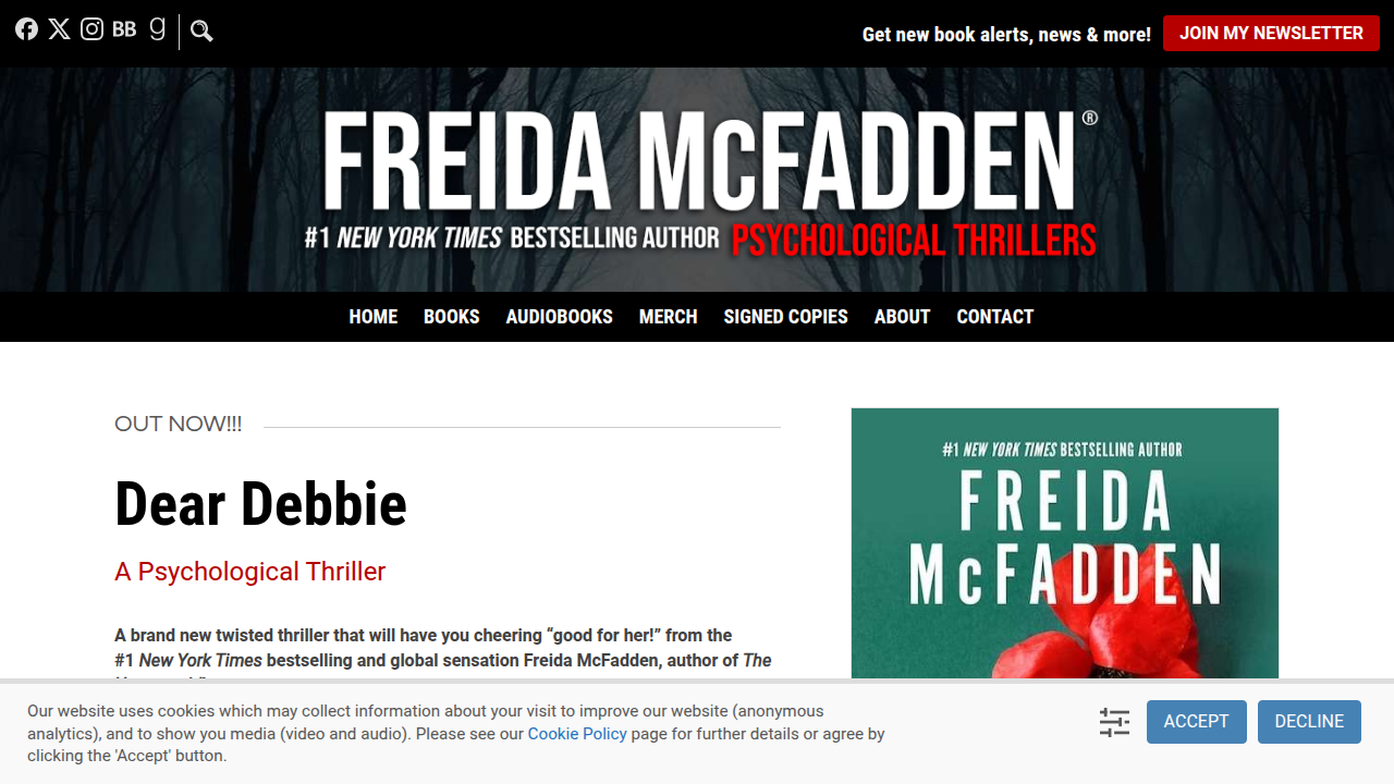 The official website of Freida McFadden, highlighting her status as a New York Times bestselling author.