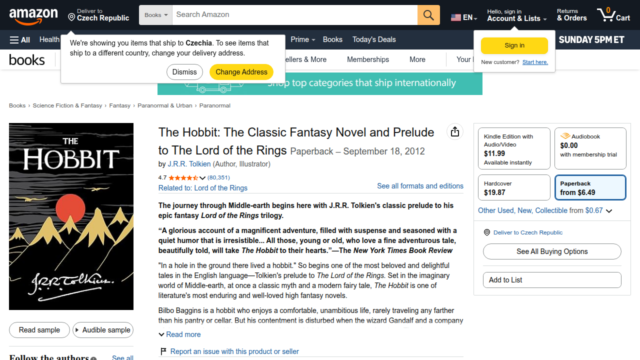 A screenshot of The Lord of the Rings product page, where readers can find purchase options.