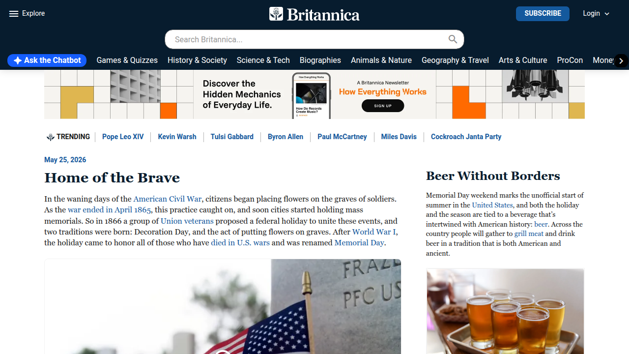 Homepage of Britannica, a reputable encyclopedia mentioned in the article in relation to Charlie Kirk.