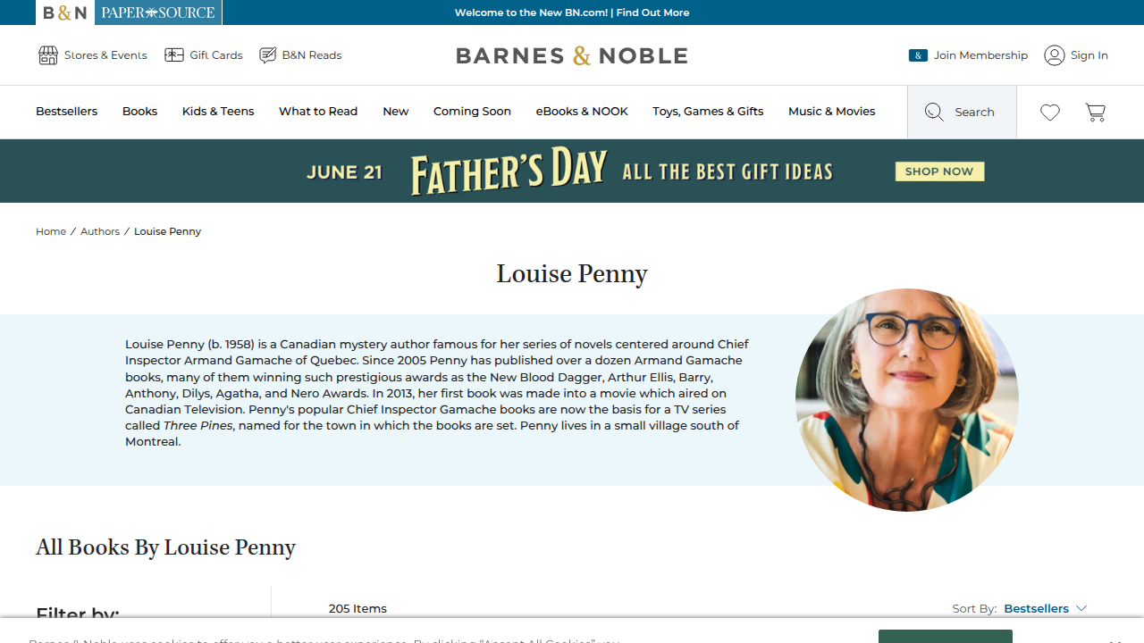 The Barnes & Noble author page for Louise Penny, displaying her complete bibliography including standalone works.