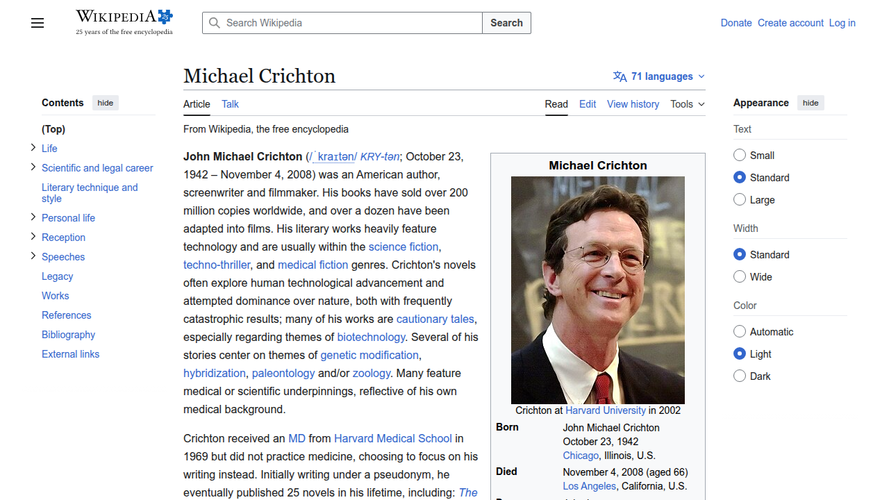 Explore Michael Crichton's biography and early life on his official Wikipedia page.