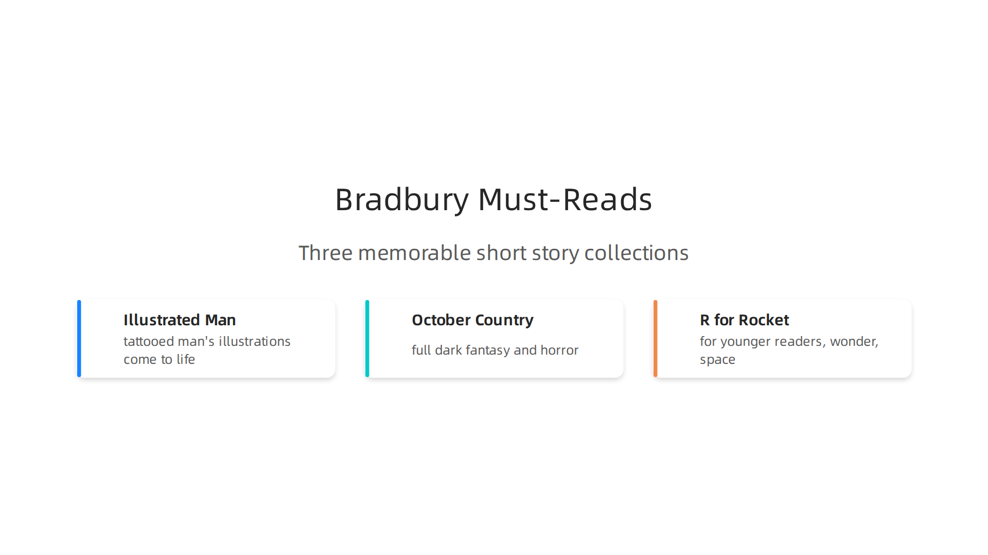 An overview of Ray Bradbury's three most memorable short story collections and their unique focus.