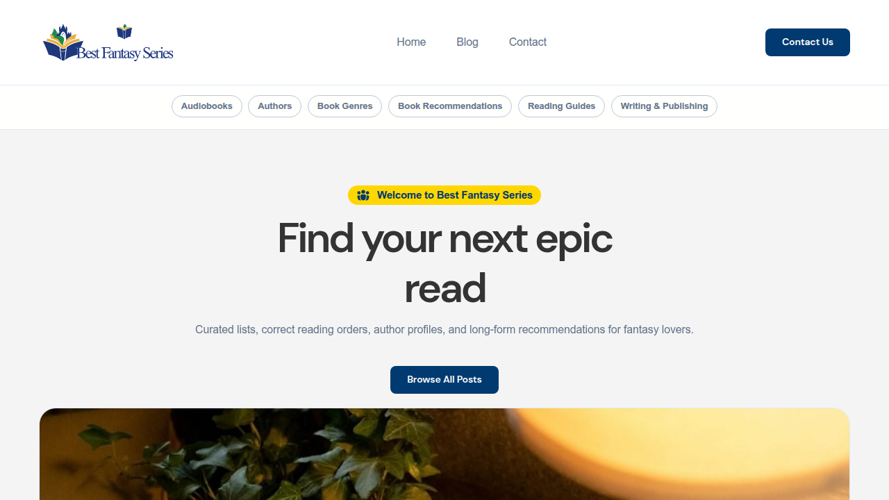 The Best Fantasy Series website, a dedicated resource for fantasy fiction enthusiasts, highlighting top books and series in the genre.